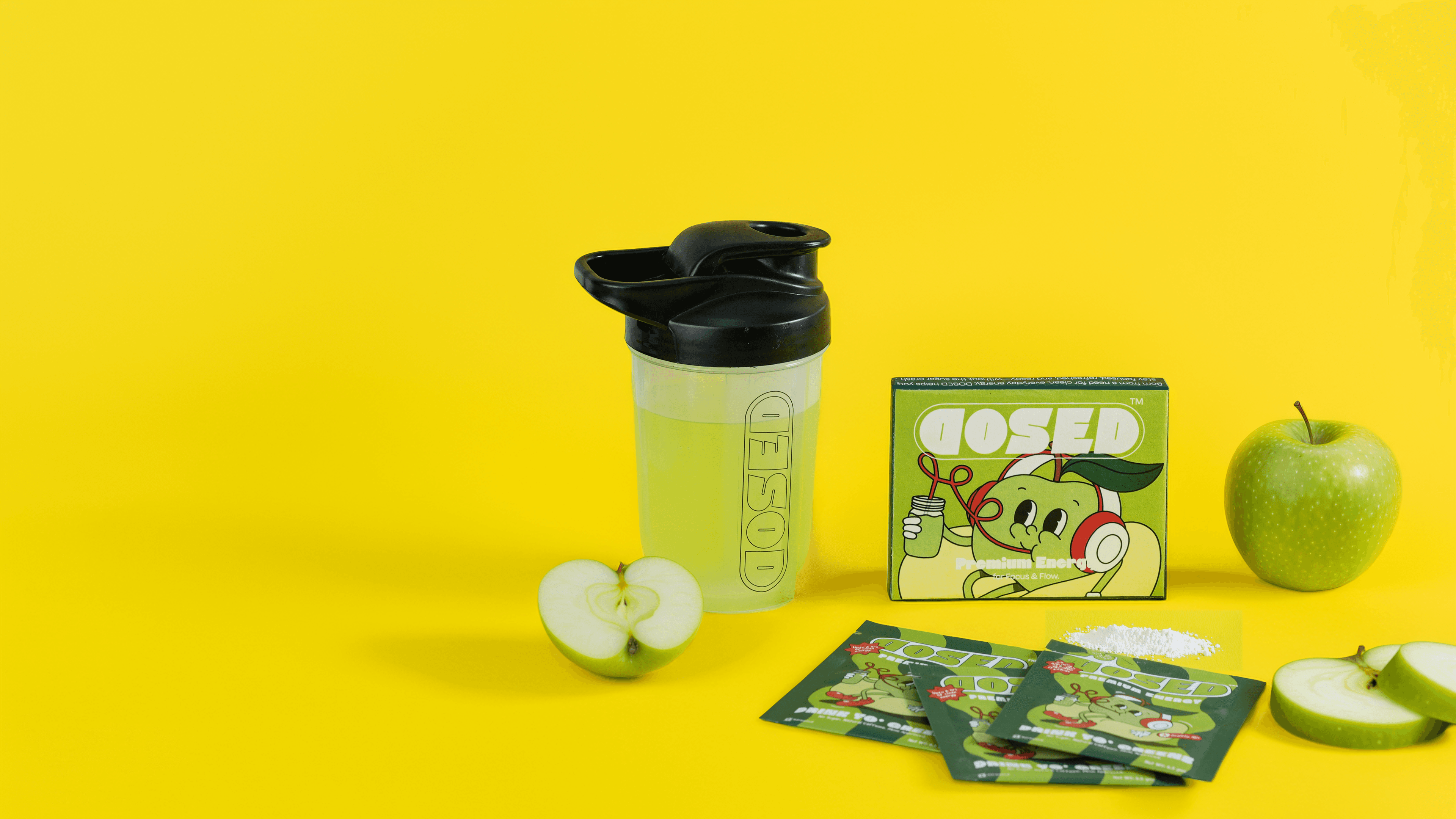 DOSED Drink Yo' Greens box, shaker and sachets