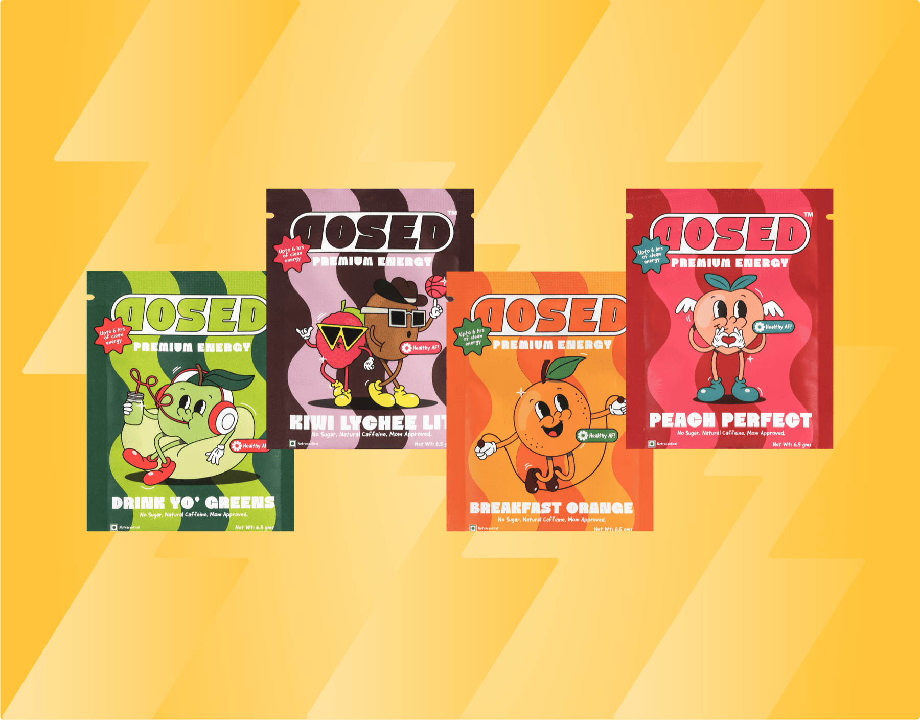 All four DOSED energy drink sachet flavours