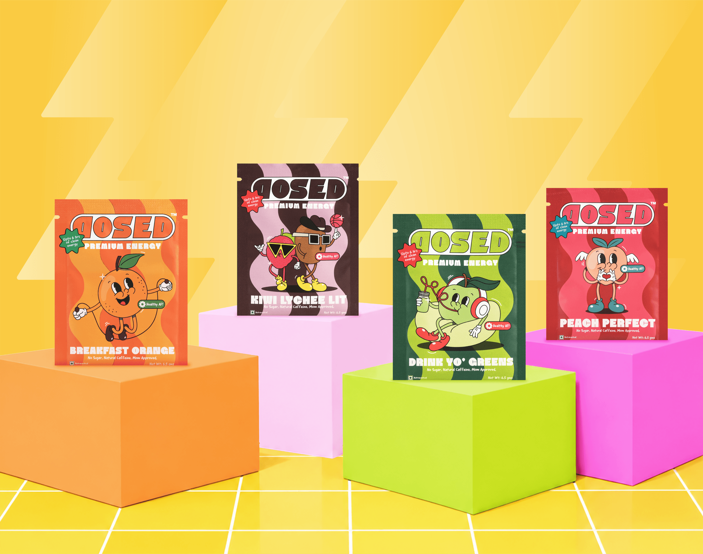 All four DOSED energy drink sachet flavours